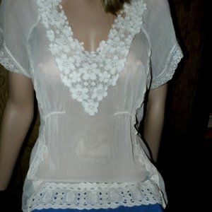 NEW Adiva sheer guazy blouse w/ crochet trim sz PM